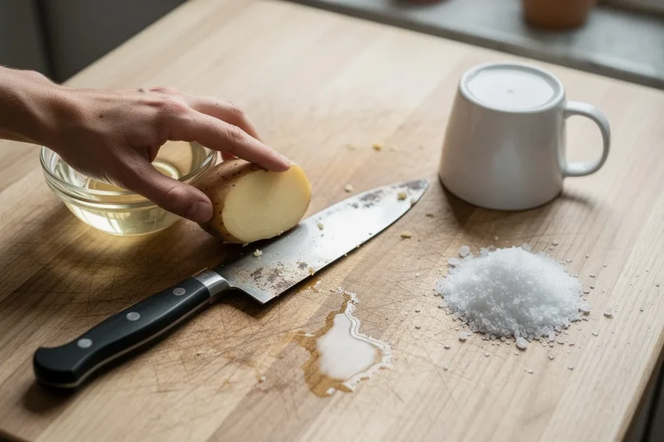 Come affilare e pulire un coltello con aceto, sale e una patata