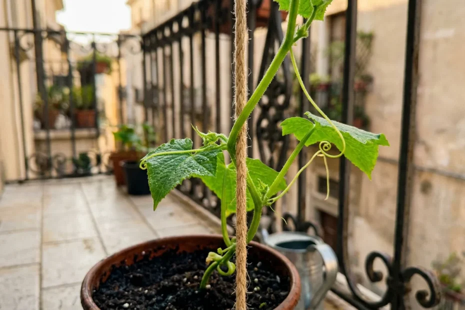 Cetrioli enormi sul balcone: il trucco semplice della corda verticale che moltiplica il raccolto