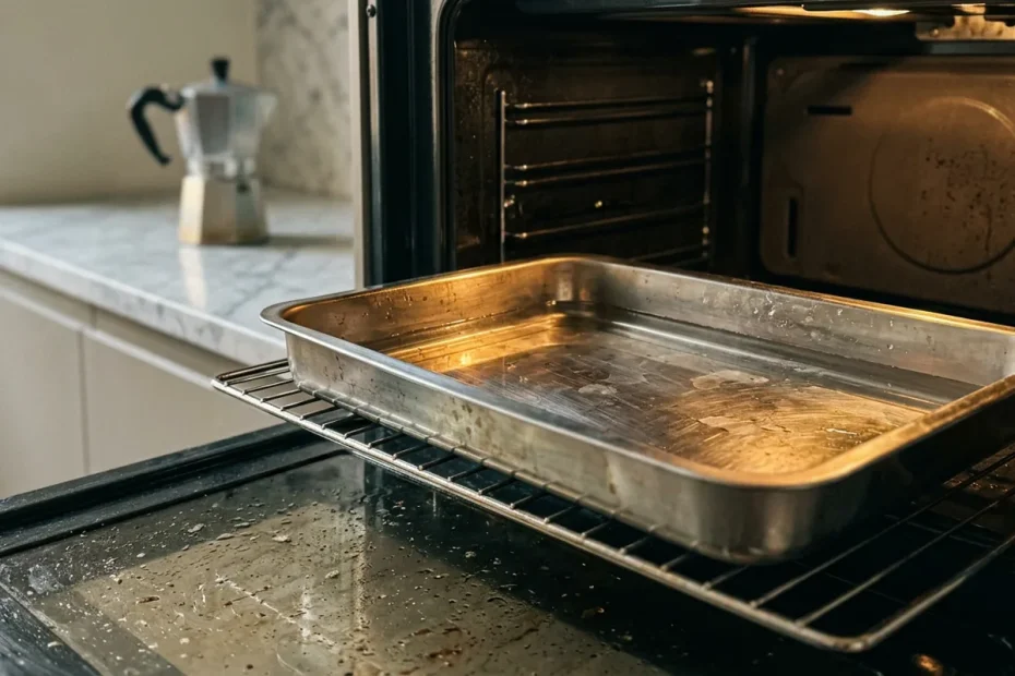 Forno sempre pulito: il trucco semplice della teglia d’acqua sul fondo che evita schizzi e croste