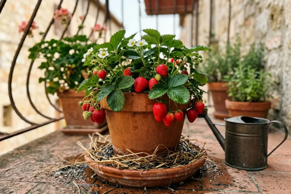 Fragole dolcissime sul balcone: il trucco semplice della paglia umida sotto i vasi
