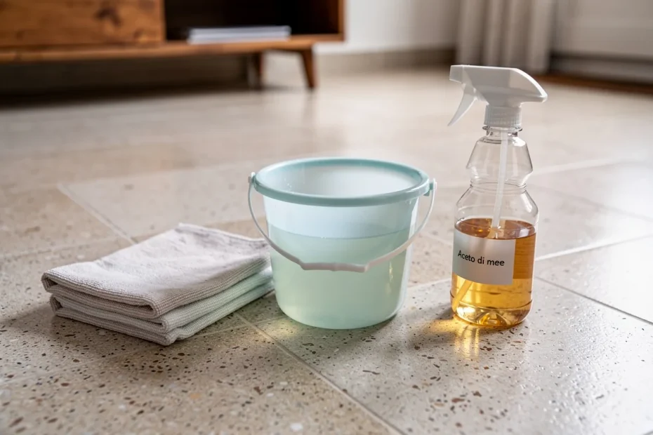 Pavimenti che non attirano polvere: il trucco dell’acqua fredda con poche gocce di aceto di mele