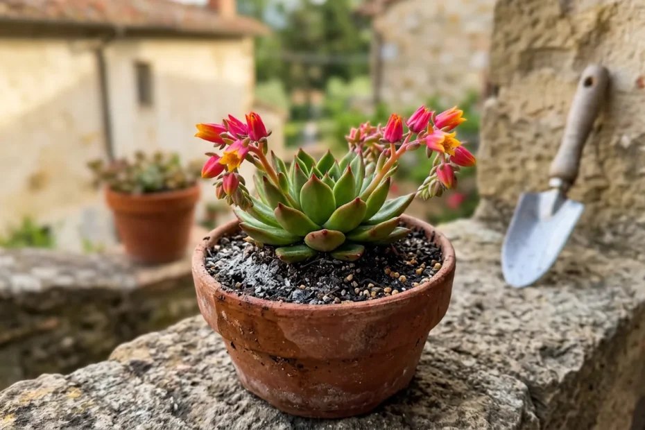 Piante grasse esplosive di fiori con il trucco cenere e tè usato