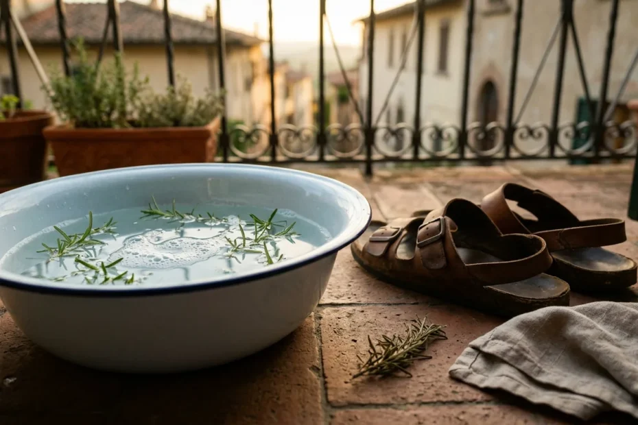 Piedi gonfi e mente stanca: il rimedio semplice dell’acqua tiepida e rosmarino che ti salva la serata